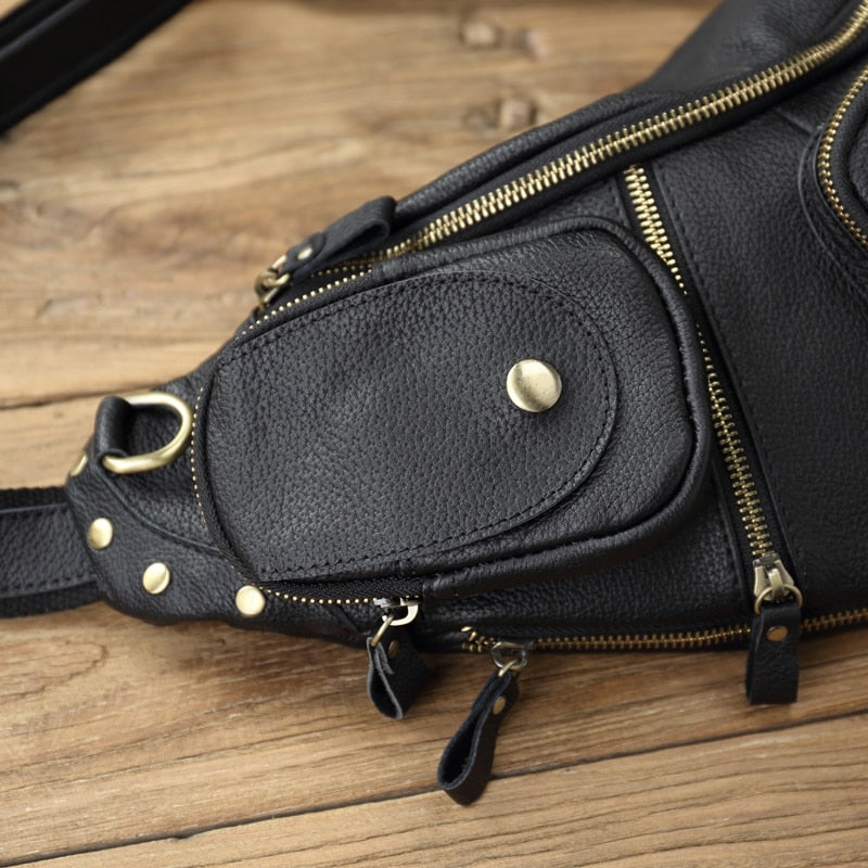NZPJ Leather Men&#39;s Chest Bag Retro Top Layer Cowhide Casual Messenger Bag Korean Version Shoulder Bag Large-Capacity Sports Bag