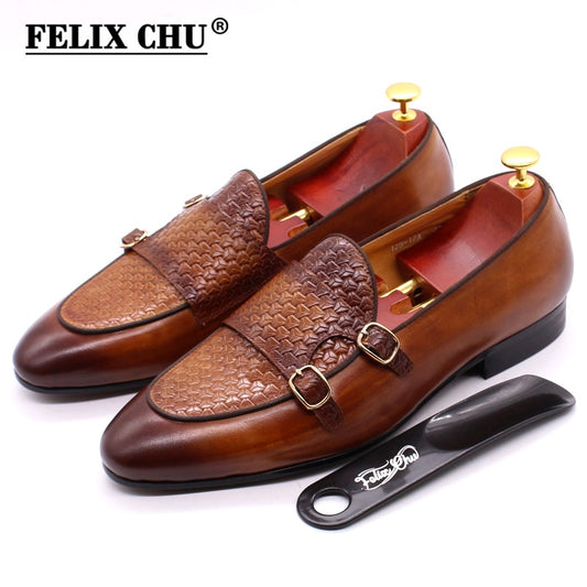 FELIX CHU Autumn Mens Leather Loafers Gentleman Wedding Party Casual Slip On Formal Shoes Black Brown Monk Strap Men Dress Shoes