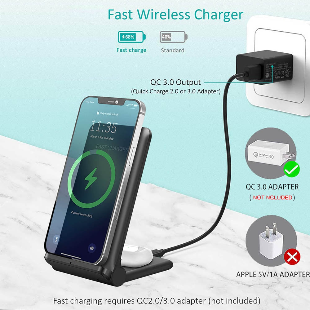 25W Fast Wireless Charger 2 in 1 Qi Charging Dock Station For iPhone 14 13 12 11 XS MAX XR X 8 AirPods 3 Pro Samsung S22 S21 S20