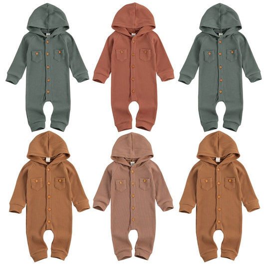lioraitiin 0-24M Newborn Baby Boy Girl Fall Waffle Pattern Rompe Long Sleeve Single Breasted Hooded Jumpsuits Two Front Pockets