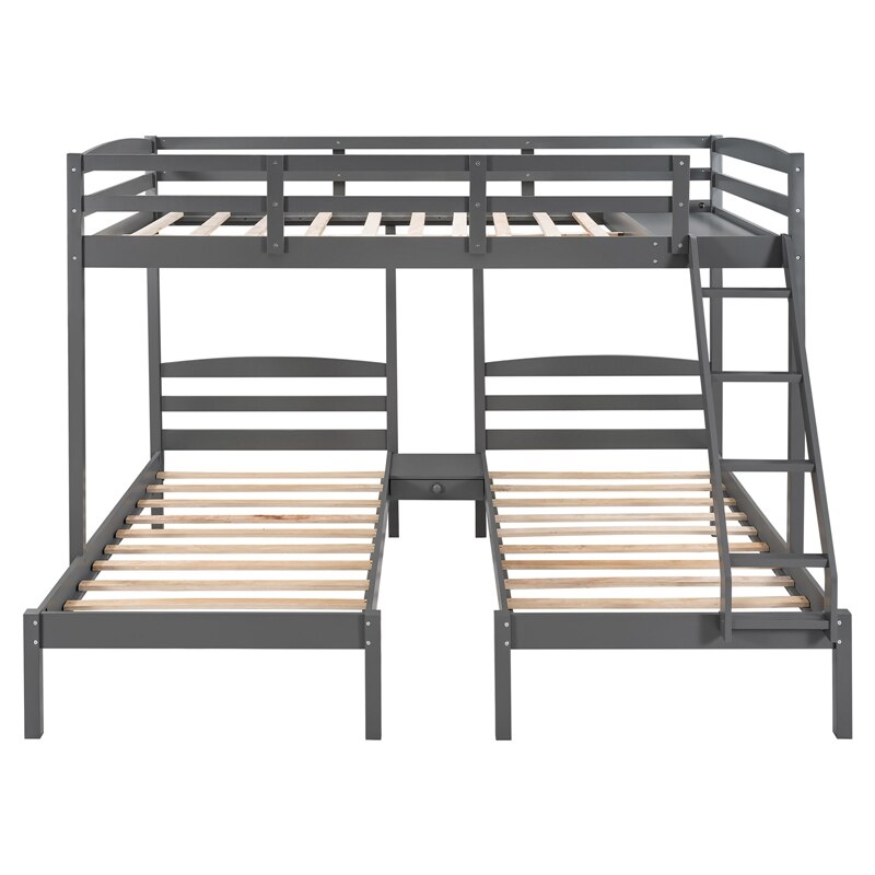 Wood Triple Bunk Bed Full Over Twin &amp; Twin Bunk Bed With Guardrails For Kids Teens Adults