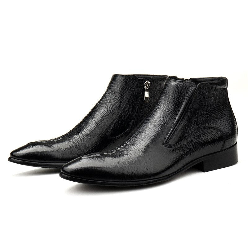 Handmade Brand Men Ankle Boots Luxury  Genuine Leather Fashion Designer Black Basic Zipper Pointed Black Formal Mens Boots