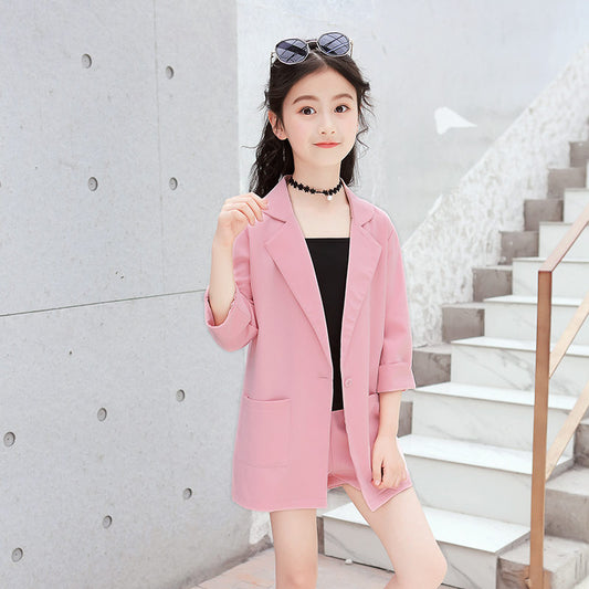 Kids Girls Blazer Jacket + Vest + Shorts 3PCS Tuxedos Suit for Kids Suit Children Girls Blazer For Wedding Party Pink Grey Color