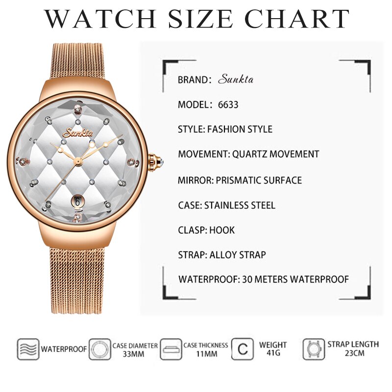 SUNKTA Women Watch Luxury Crystal Watch Women Waterproof Rose Gold Steel Strap Ladies WristWatches Top Brand Bracelet Clock+Box