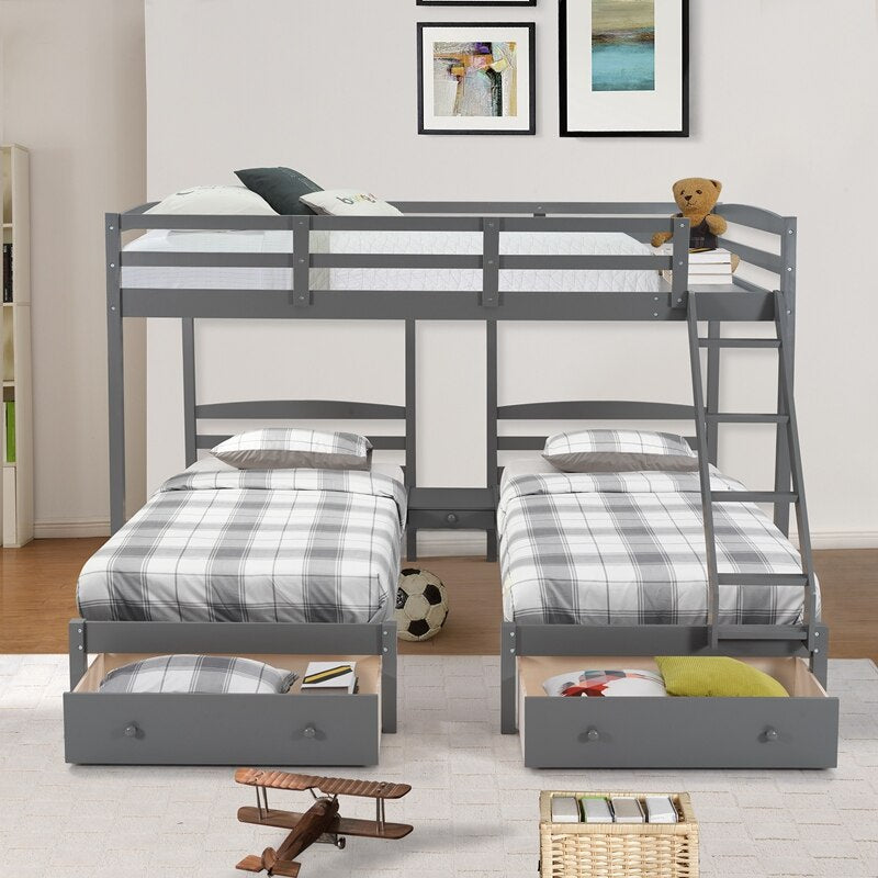 Wood Triple Bunk Bed Full Over Twin &amp; Twin Bunk Bed With Guardrails For Kids Teens Adults