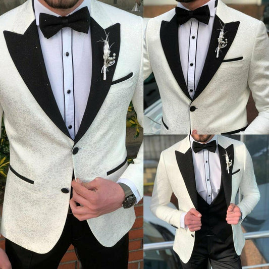 Formal White Mens Suits Wedding Groom Slim Fit Tuxedo Formal Jackets Coats Business Office Peak Lapel Bleizer Masculino 3 Pieces