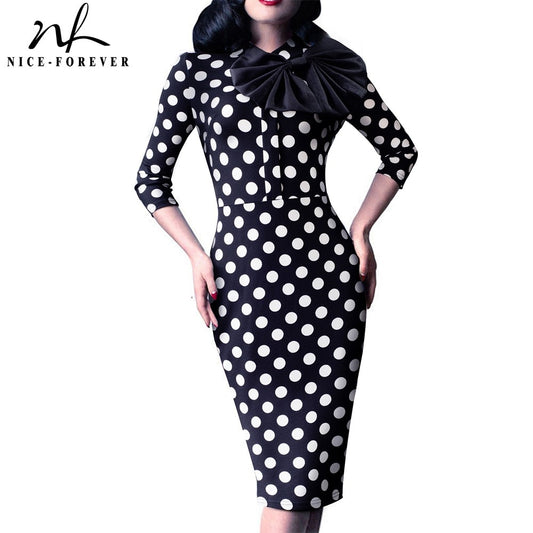 Nice-forever Spring Women Vintage Polka Dots with Bow Dresses Office Business Bodycon Sheath Dress B244