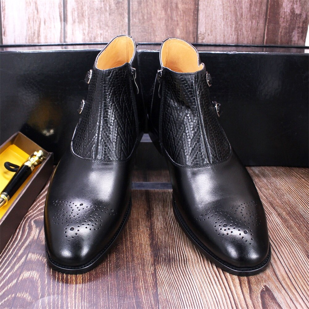 British Style Mens Ankle Boots Genuine Leather Handmade Zip Strap Double Buckle High Top Fashion Dress Shoes Boots Men Black