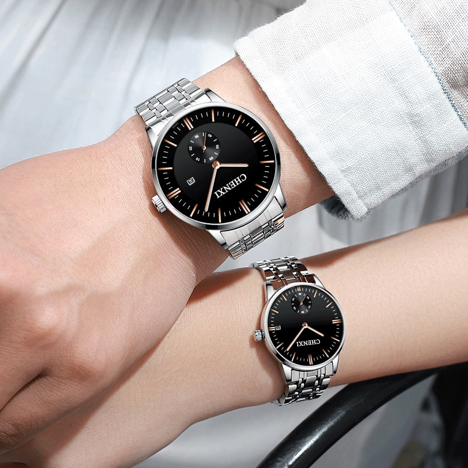 CHENXI Lover&#39;s Wristwatches Women Fashion Watches Men or Lady Quartz Watch Silver Stainless steel Waterproof Clock Date Watches