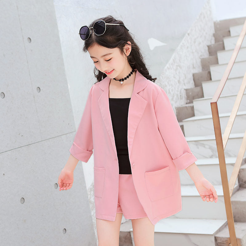 Kids Girls Blazer Jacket + Vest + Shorts 3PCS Tuxedos Suit for Kids Suit Children Girls Blazer For Wedding Party Pink Grey Color