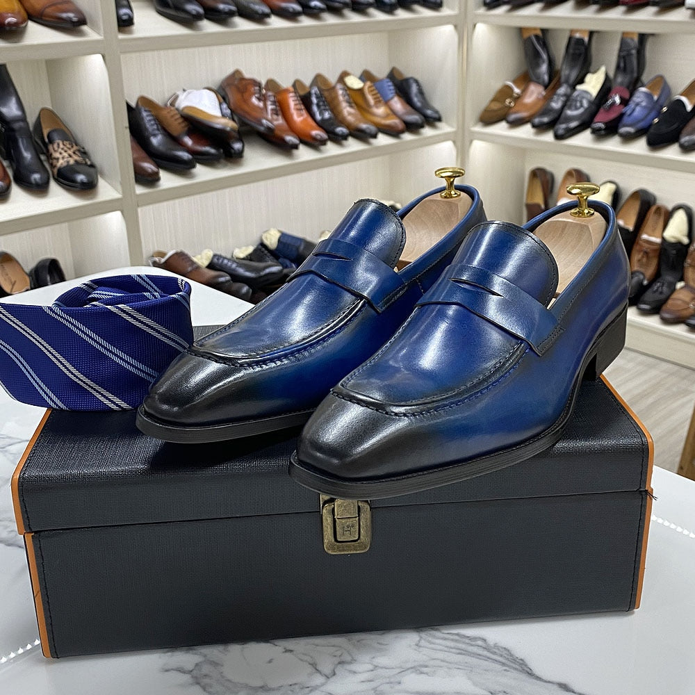 Big Size 8-15 Mens Penny Loafers Genuine Leather Blue Brown Business Dress Shoes for Men Quality Handmade Slip on Male Footwear