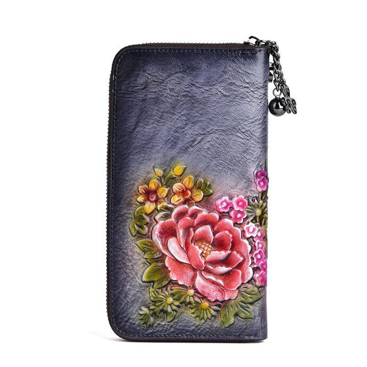 MOTAORA 2022 New Chinese Style Retro Women Wallet Genuine Leather Long Zipper Purse Vintage Handmade Embossed Clutch Card Holder