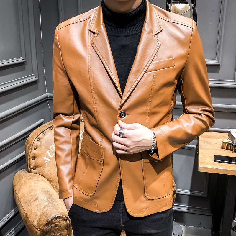New Slim Causal PU Leather Jacket Coat Men Spring Motorcycle Korean Fashion Mens Streetwear Blazers Youth Bomber Jackets