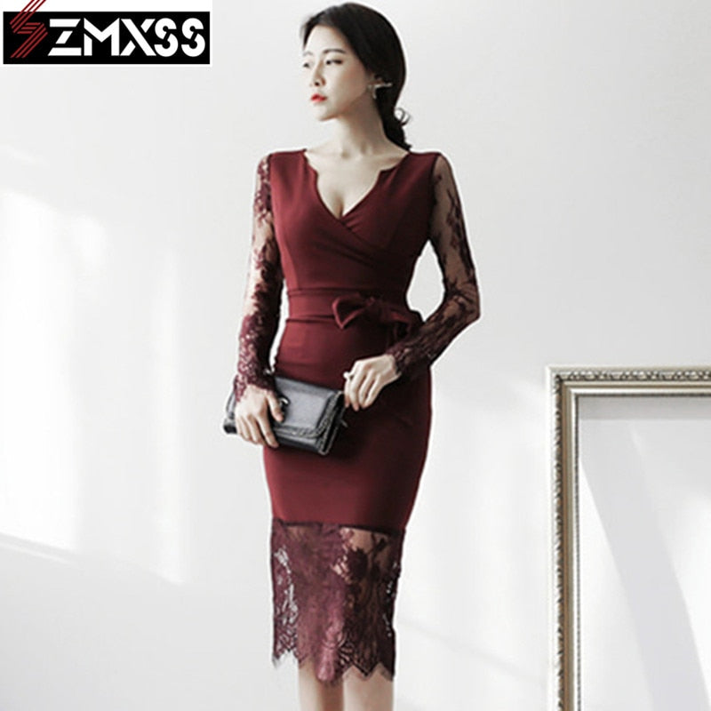 SZMXSS 2021 Korean Version Autumn New Women&#39;s Clothing V-Neck Pleated Slim Printed Pencil Dress Long-Sleeved Mini Dresses