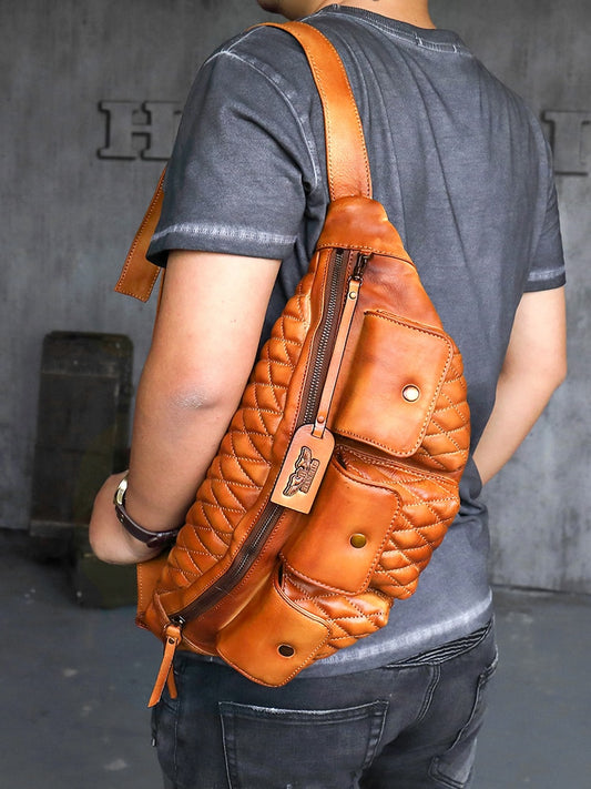 Dumpling Chest Bag, the First Layer of Vegetable Tanned Cowhide, Retro Leather Men&#39;s Shoulder Messenger Bag, New Riding Men Bags