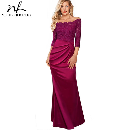 Nice-forever Elegant Embroidery Floral Lace with  Side-Draped Gown Party Celebrity Vintage Lone Maxi Women Dress BTYA029