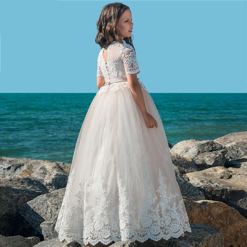 Custom Made Floor Length Kids Flower Girl Dresses for Weddings Short Sleeve Formal Princess Party Dress First Communion Dresses