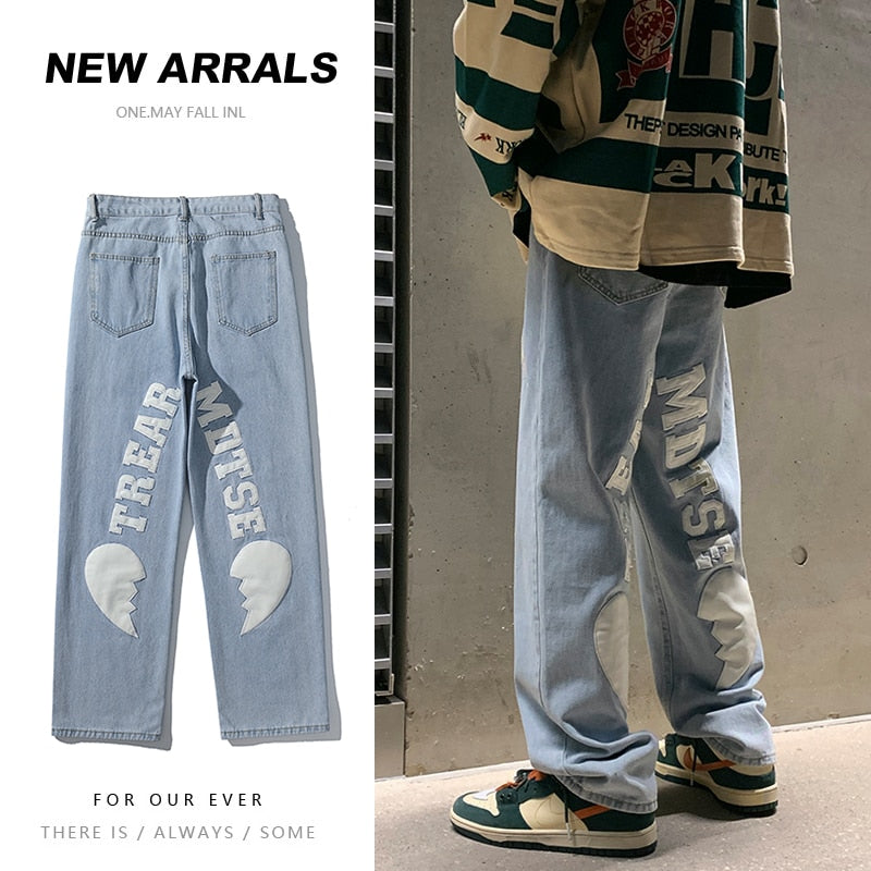 Men&#39;s Letter Printed Denim Pants Autumn Winter Fashion Straight Casual Jeans Japan Style Streetwear Hip Hop Mopping Trousers