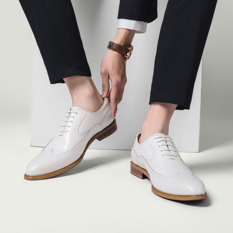 Luxury Men Formal Shoes Real Cow Leather White Solid Wedding Shoes 2022 Spring Brogue Lace Up Pointed Toe Handmade Size 46