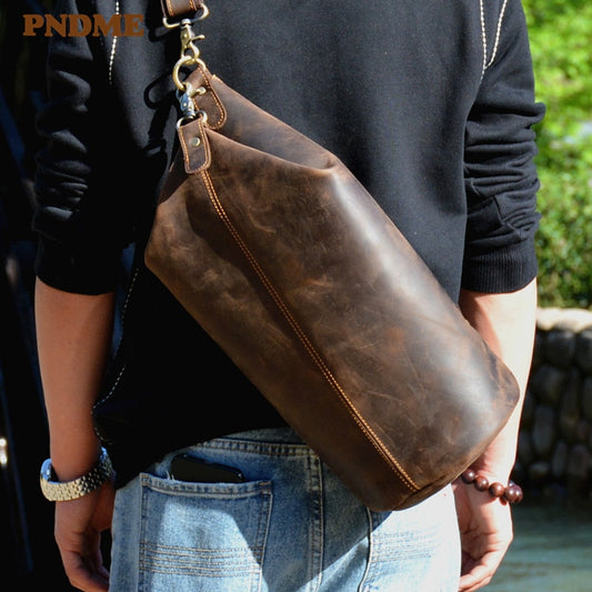 PNDME vintage cylinder design natural genuine leather men&#39;s chest bag fashion casual crazy horse cowhide shoulder crossbody bags