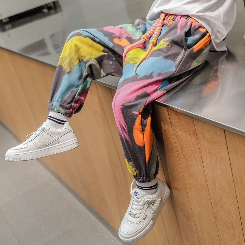 2022 New Arrival Boys Tie Dye Casual Pants Spring Fashion Hot Deals Graffiti Painting Print Sweatpants Cotton Kids Long Trousers