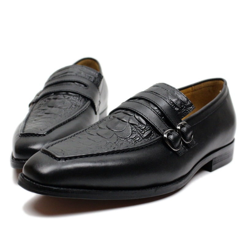 FELIX CHU Casual Business Men&#39;s Dress Shoes Genuine Leather Crocodile Print Brown Party Wedding Mens Loafers With Double Buckles