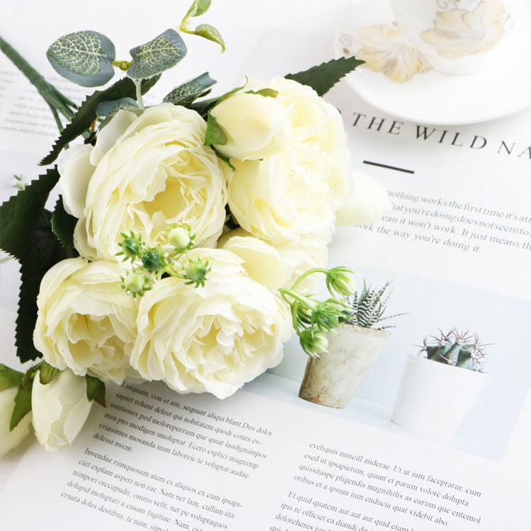 1 Bundle Silk Peony Bouquet Home Decoration Accessories Wedding Party Scrapbook Fake Plants Diy Pompons Artificial Roses Flowers