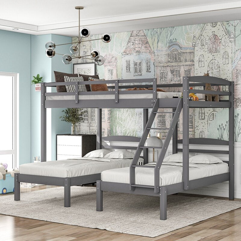 Wood Triple Bunk Bed Full Over Twin &amp; Twin Bunk Bed With Guardrails For Kids Teens Adults