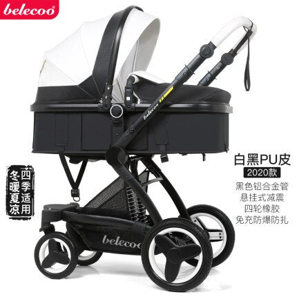 Belecoo baby stroller high landscape baby stroller basket can sit lying folding 3in1 leather baby stroller with car seat  gift