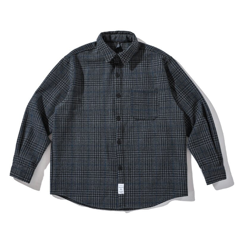 2021 High Quality Thick Woolen Shirt Men Clothing Japanese Streetwear Lapel Long Sleeve Casual Plaid Top Harajuku Coats Male