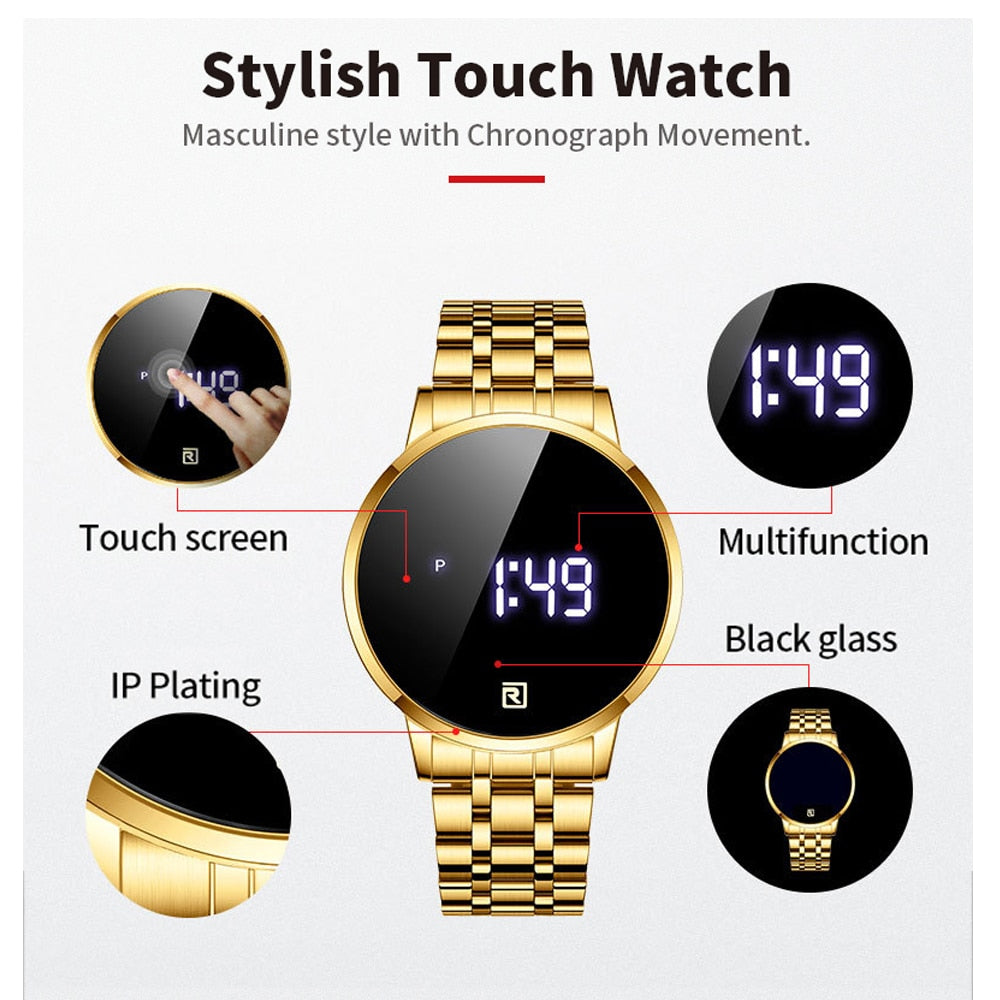 REWARD Men Watches Top Luxury Brand Fashion Touch LED Digital Watch Men Gold Steel Band Waterproof Wristwatch relogios masculino