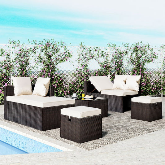5-Piece All Weather PE Wicker Sofa Set Rattan With Tempered Glass Tea Table And Removable Cushions Adjustable Chaise Lounge