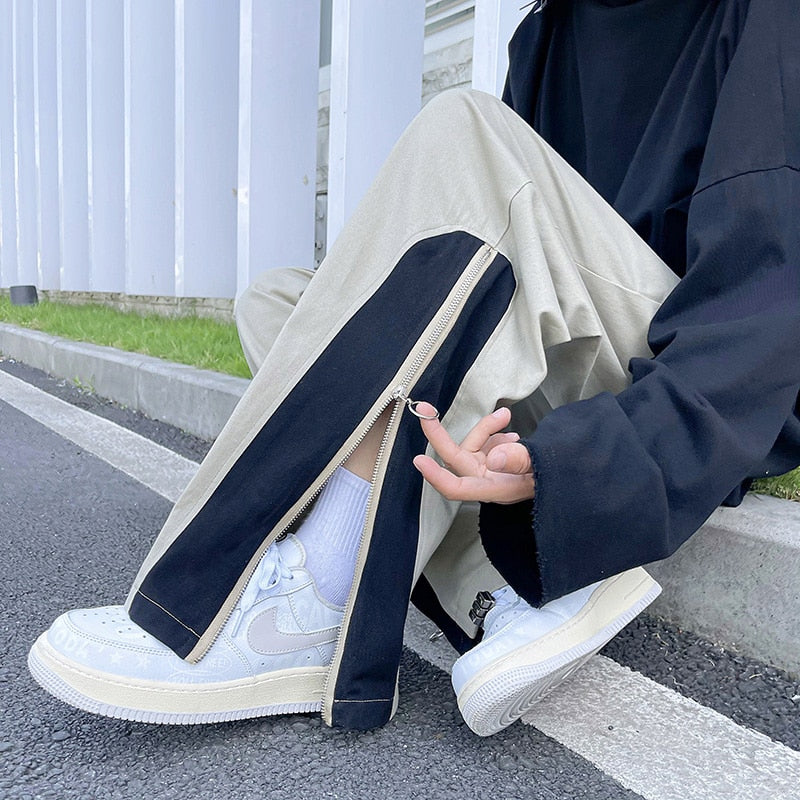 Fashion Side Zipper Casual Wide Leg Pants Khaki/Black Men 2022 Spring Streetwear Loose Straight Pant Mens Patchwork Trousers