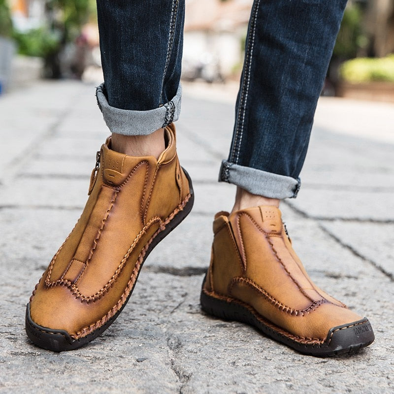 Spring Leather Men Short Boots Autumn Lace-up Flats Medium-top Shoes Outdoor Male Breathable Casual Shoes Handmade Men&#39;s Boots