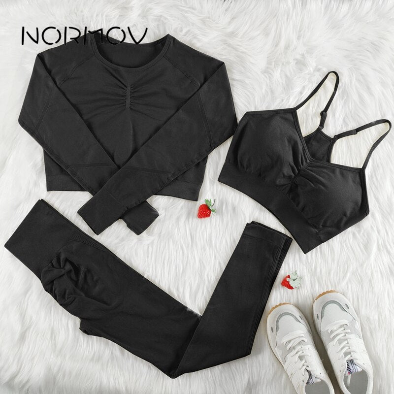 NORMOV Yoga Sets 2/3/4 Pieces Sports Seamless Fitness Suits Gym Sexy Sets 2021 Long Short Women Set Workout Sportswear