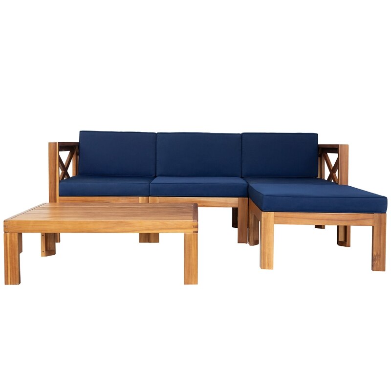 Outdoor Backyard Patio Wood 5-Piece Sectional Sofa Seating Group Set With Cushions, Natural Finish+ Blue Cushions