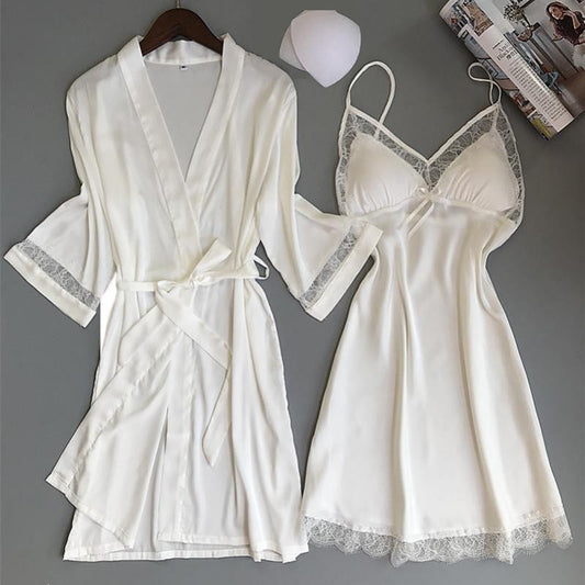 Sexy Women Rayon Kimono Bathrobe WHITE Bride Bridesmaid Wedding Robe Set Lace Trim Sleepwear Casual Home Clothes Nightwear