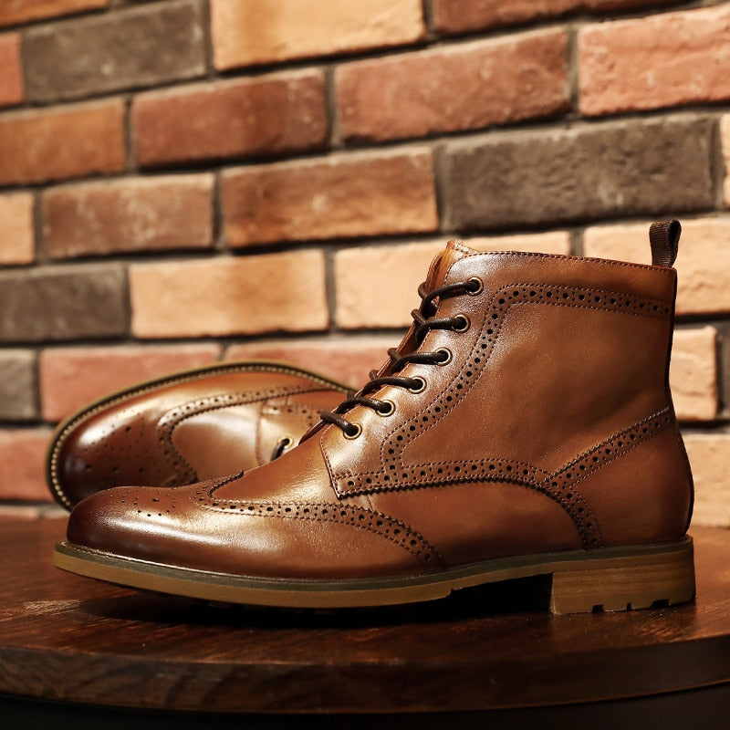 DESAI Chelsea Upgraded Zipper Men&#39;s Brock Boots Carved Business British Style Men&#39;s Shoes Genuine Leather Boots Men Ankle Boots