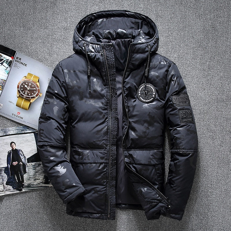 Winter Down Parkas Jacket Men, Windbreaker White Duck Down Parkas, Snow Camouflage Hooded Thicken Warm Jackets Overcoat -20 Degree