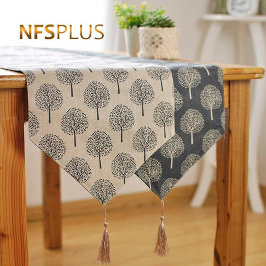 Japanese Style Table Runner Elegant Cotton Linen Tablecloth with Tassel 2 Colors Tea Plant Printed Decorative Table Cloth Cover