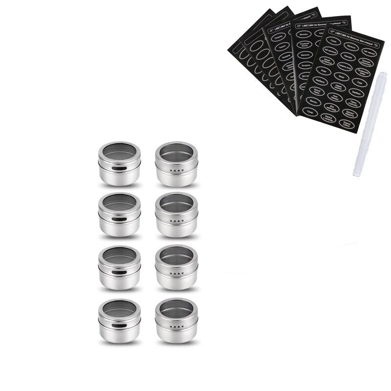 LMETJMA Magnetic Spice Jars With Russian Spice Labels Stainless Steel Magnetic Spice Tins Set Magnetic on Refrigerator KC0241