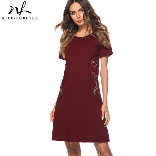 Nice-forever Causal Rockabilly Round Neck Embroidery vestidos Short Sleeve Work Women Straight Shift Dress T034