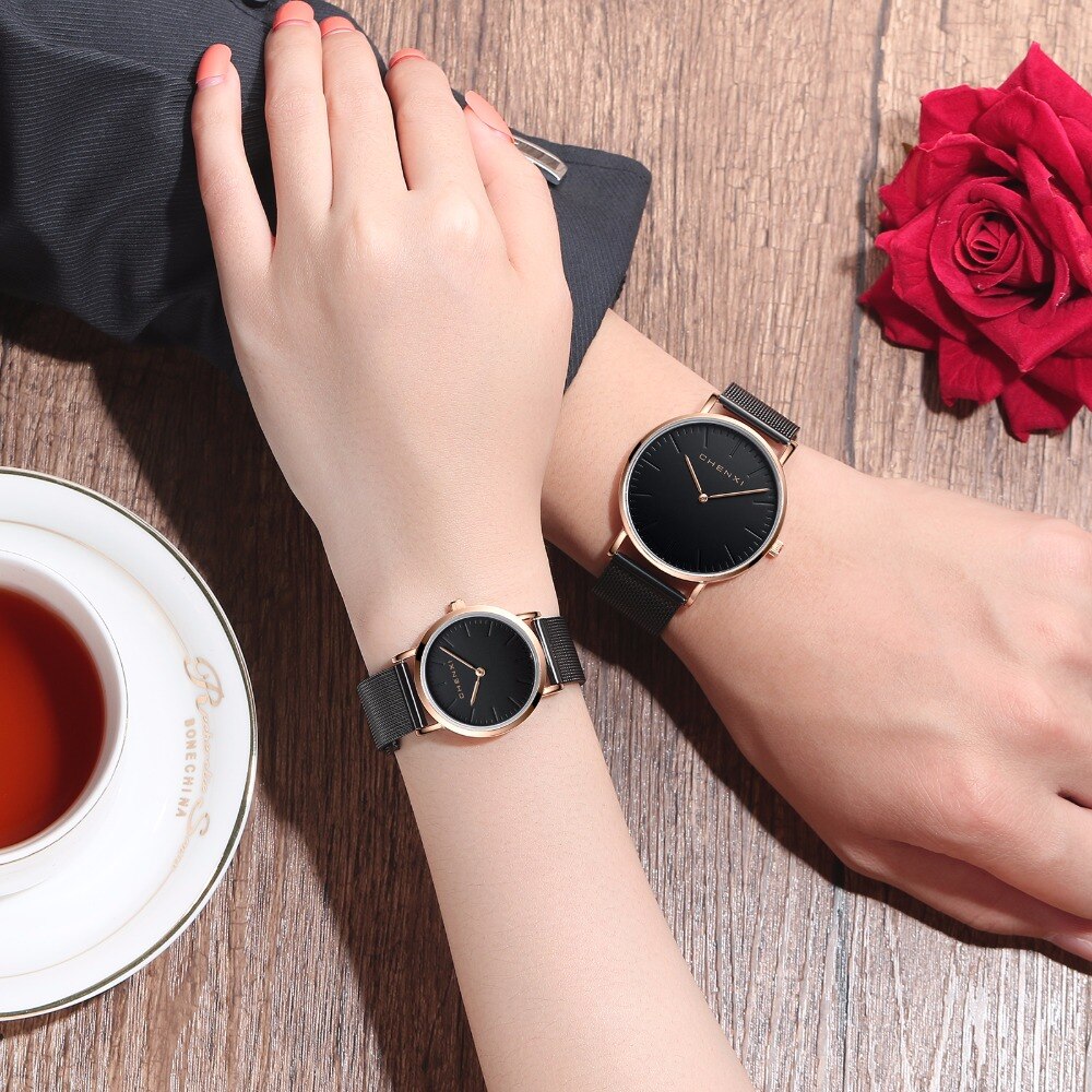 CHENXI Brand Fashion Lovers Wristwatches Women Dress Watches Women Quartz-Watch Men Casual Mesh Strap Ultra Thin Clock Watches
