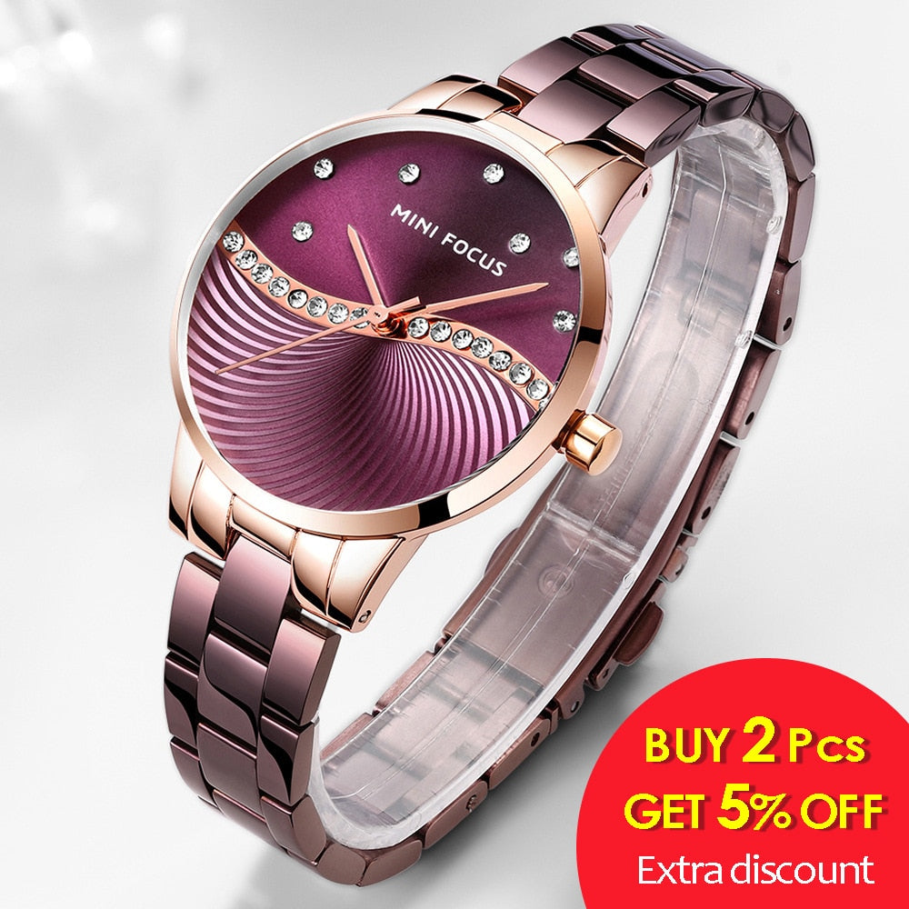 MINI FOCUS Top Brand Luxury Fashion Women Watches Lady Purple Stainless Steel Strap Waterproof Quartz-Watches Feminine +Gift Box