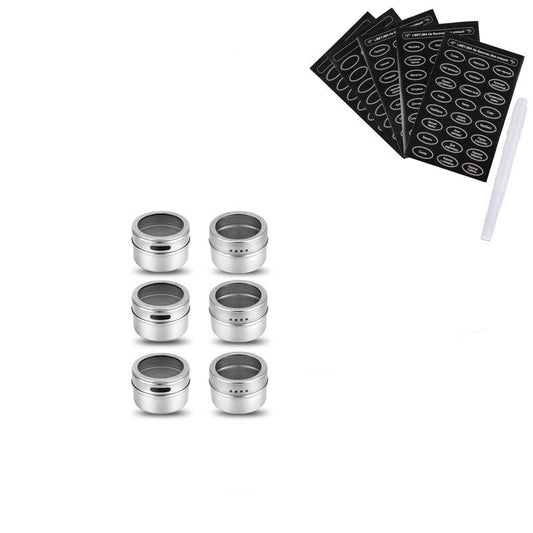 LMETJMA Magnetic Spice Jars With Russian Spice Labels Stainless Steel Magnetic Spice Tins Set Magnetic on Refrigerator KC0241