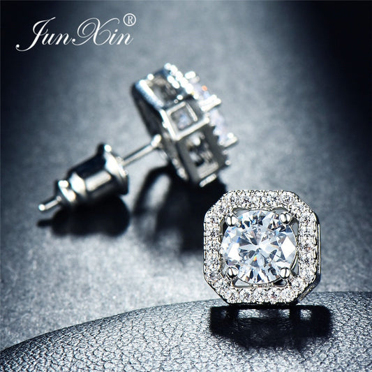 Luxury Female White Zircon Stone Earrings Silver Color Crystal Round Stud Earrings For Women Vintage Wedding Jewelry