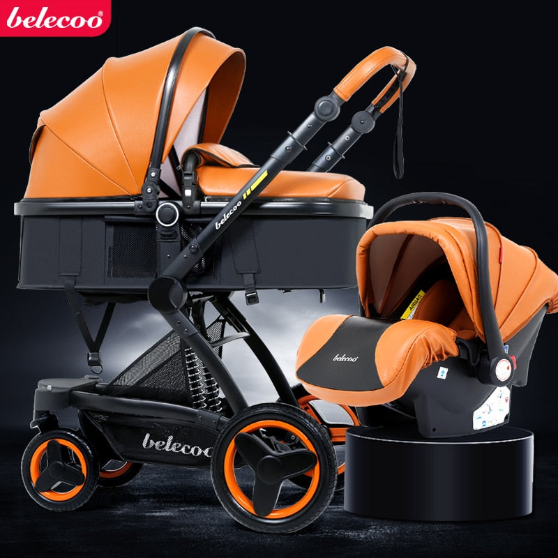 Belecoo baby stroller high landscape baby stroller basket can sit lying folding 3in1 leather baby stroller with car seat  gift
