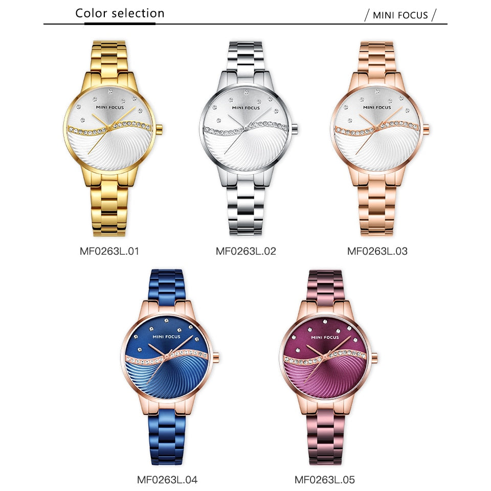 MINI FOCUS Top Brand Luxury Fashion Women Watches Lady Purple Stainless Steel Strap Waterproof Quartz-Watches Feminine +Gift Box