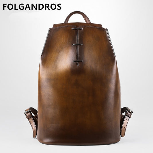 Men&#39;s Handmade Patina Calfskin Backpack Italian Luxury Brand Printing Vintage 15 Inch Laptop Genuine Leather Backpacks Mochila