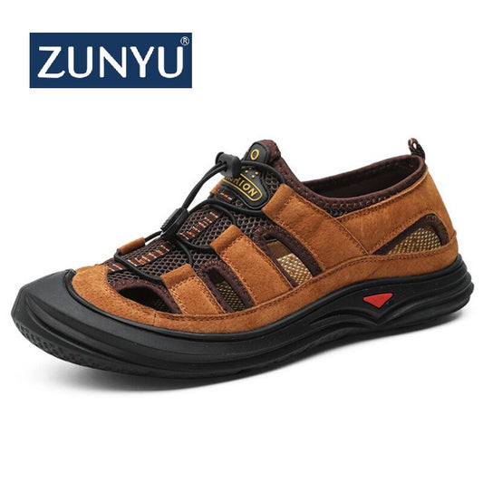 ZUNYU New Men Leather&amp;Mesh Outdoor Sandals 2019 Summer Men Breathable Casual Shoes Footwear Walking Beach Sandals Water Sneakers